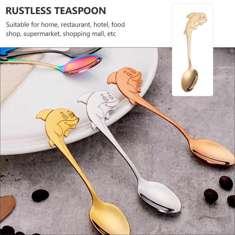 6 vnt. Praktiški puikūs subtilūs ir saugūs desertiniai serviravimo šaukštai Delfinų dizaino šaukštai Kavos šaukšteliai namams