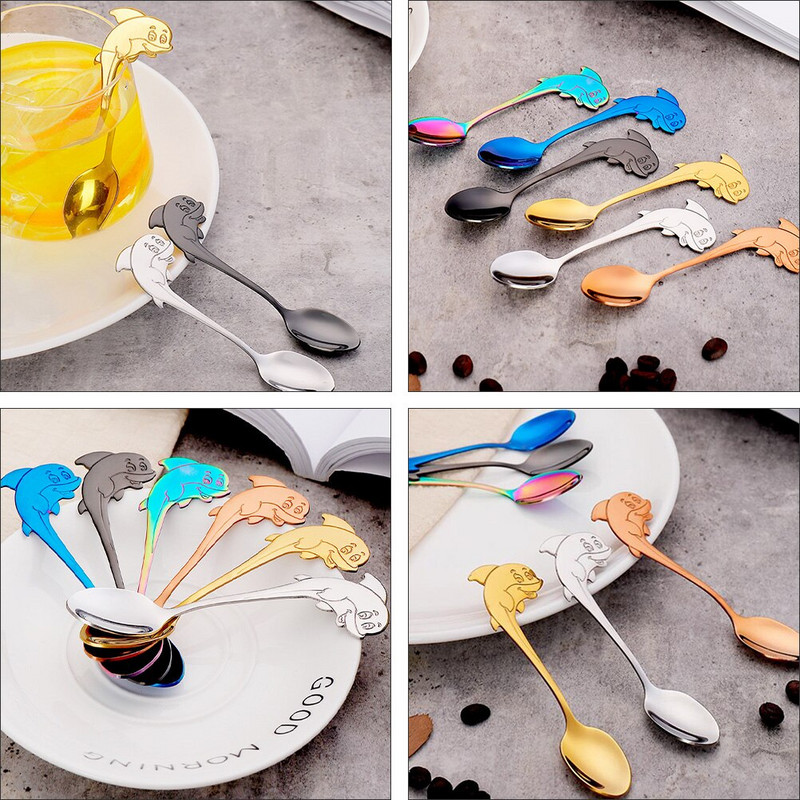 6 vnt. Praktiški puikūs subtilūs ir saugūs desertiniai serviravimo šaukštai Delfinų dizaino šaukštai Kavos šaukšteliai namams