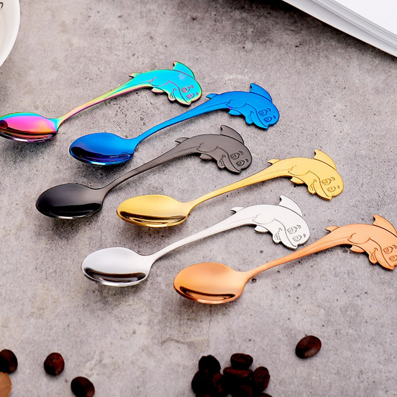 6 vnt. Praktiški puikūs subtilūs ir saugūs desertiniai serviravimo šaukštai Delfinų dizaino šaukštai Kavos šaukšteliai namams