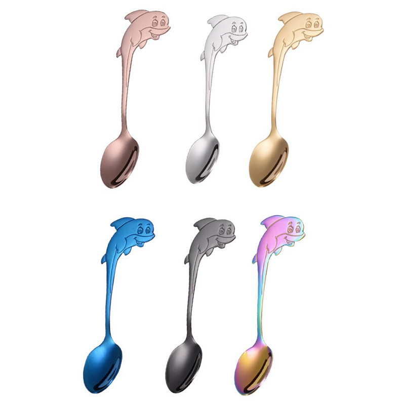 6 vnt. Praktiški puikūs subtilūs ir saugūs desertiniai serviravimo šaukštai Delfinų dizaino šaukštai Kavos šaukšteliai namams