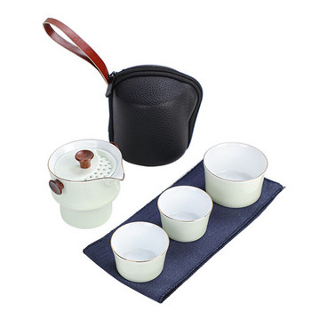 Съдове Керамични чайници с 3 чаени чаши Порцеланов Gaiwan Kung Fu Teaset Преносими прибори за чай Бамбуков сервиз за чай Подаръци
