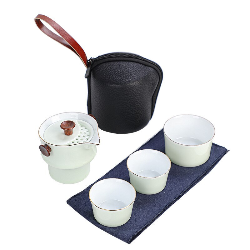 Edények kerámia teáskannák 3 teáscsészével Porcelán Gaiwan Kung Fu teaset Hordozható teáskészlet Utazási bambusz teáskészlet Italkészlet Ajándékok