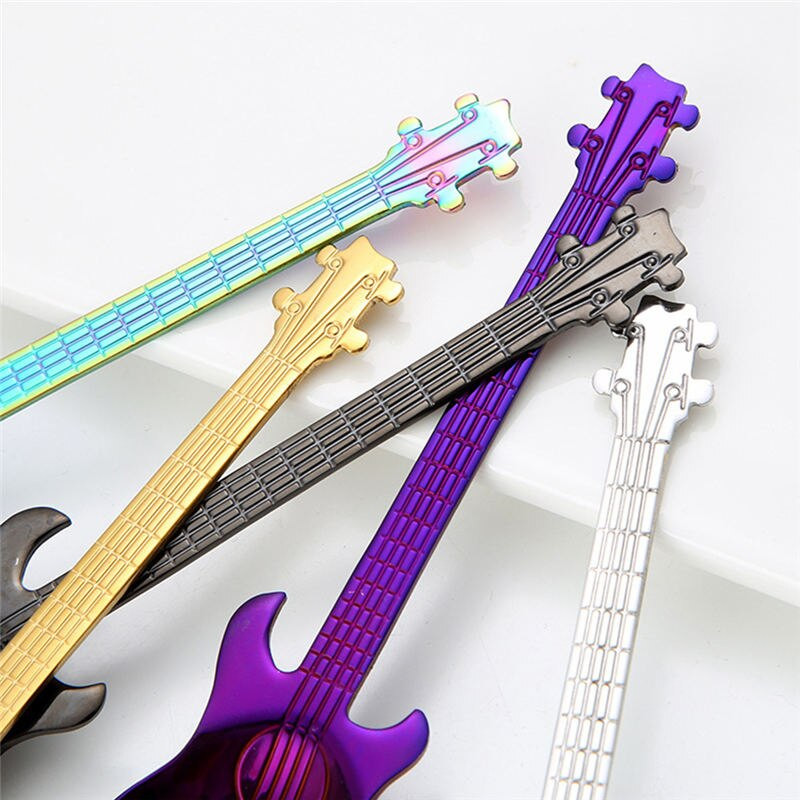 4 ks nerezová oceľová dlhá gitarová kávová lyžička na čaj, dezert, zmrzlina, zlato-strieborná farebná kuchynská pomôcka na pitie