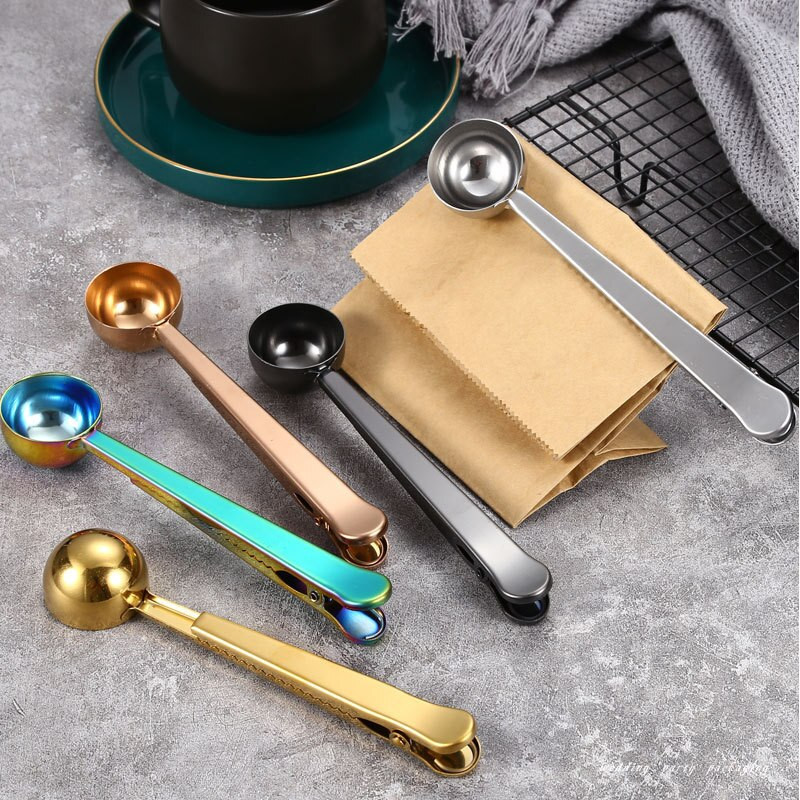 Linguriță de cafea multifuncțională două-în-unu, accesorii de bucătărie din oțel inoxidabil, cu clemă de etanșare pentru sac, lingură de măsurat cafea 5 buc.