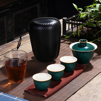 Φορητό κεραμικό ένα δοχείο τρία φλιτζάνια με τσάντα Ourtdoor Travel Kung Fu Tea Set Απλό δοχείο τσαγιού Πολύχρωμο τσαγιού Δώρο