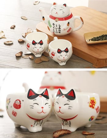 Creative Cute Lucky Cat Порцеланов сервиз за чай Карикатура Керамична чаша за чай Саксия с цедка Прекрасна Plutus Cat Teapot Чаша Чаши за чай