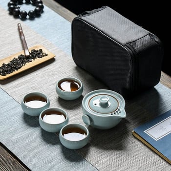 Висококачествен сервиз за чай Ge Kiln Travel, включващ 1 саксия, 1 чанта, 4 чаши, Quick Cup kung fu gaiwan, преносим чайник, чаша за чай