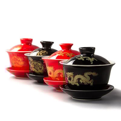 Ръчно рисуван червен дракон Gaiwan Чаен сервиз Чаена чаша Кунг Фу ръчно рисувана купа за чай сервиз за чай gai wan купа порцеланова чаша