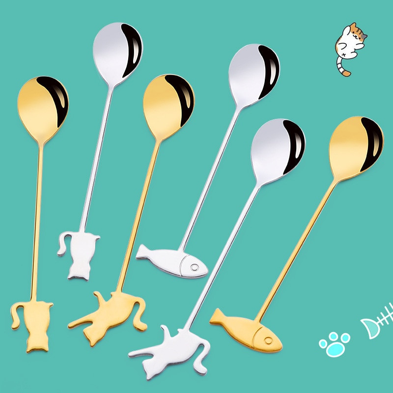 Mini aranyos kávéskanál 304 rozsdamentes acél karikatúra macska halkanál teáskanál desszert uzsonnakanál tej gyerekeknek kanalak étkészletek