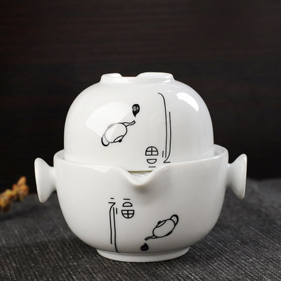 Kínai mintás Fehér kerámia utazó teáskészlet 1 csésze+1 potporcelán utazó elegáns gaiwan teáscsésze, teáscsésze teáskanna Teáskanna