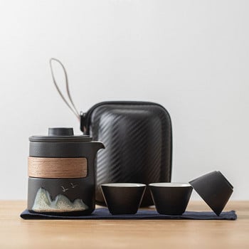 Retro Distant Hill Ceramic Tea Cup Teaware Black Pottery Travel Kung Fu Tea Set Portable Leater Bag 1 Pot 3 Cups Outdoor Teapot