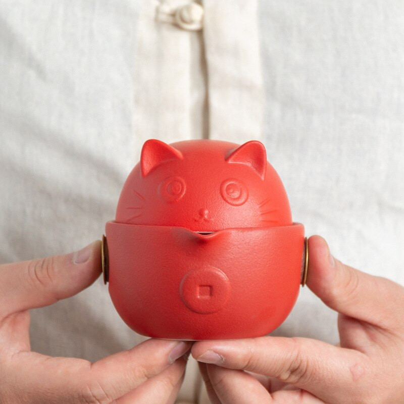 Cestovná prenosná keramická čajová súprava Lucky Cat s čajovou kanvicou, šálky na čaj s roztomilým zvieratkom, čajový riad do kancelárie, domova, cestovateľského darčeka pre priateľa