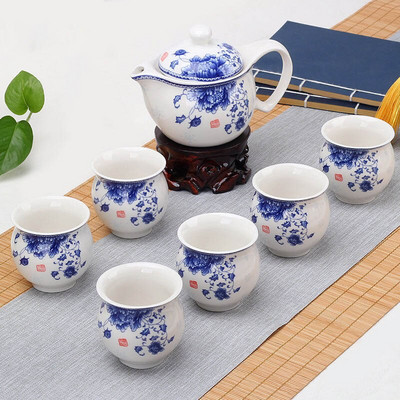 Dvojitá keramická súprava čajového riadu, 1 kanvica na čaj + 6 šálok, vynikajúca kanvica na čaj, šálka čaju, porcelánová čínska kung-fu čajová súprava na nápoje