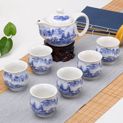 Dvojitá keramická súprava čajového riadu, 1 kanvica na čaj + 6 šálok, vynikajúca kanvica na čaj, šálka čaju, porcelánová čínska kung-fu čajová súprava na nápoje