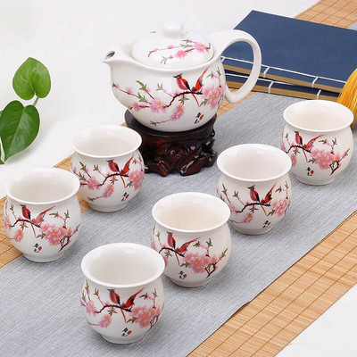 Dvojitá keramická súprava čajového riadu, 1 kanvica na čaj + 6 šálok, vynikajúca kanvica na čaj, šálka čaju, porcelánová čínska kung-fu čajová súprava na nápoje