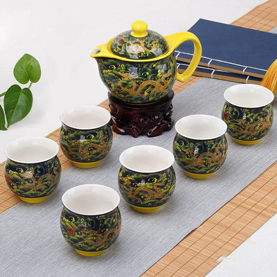 Dvojitá keramická súprava čajového riadu, 1 kanvica na čaj + 6 šálok, vynikajúca kanvica na čaj, šálka čaju, porcelánová čínska kung-fu čajová súprava na nápoje