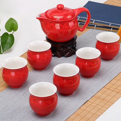 Dvojitá keramická súprava čajového riadu, 1 kanvica na čaj + 6 šálok, vynikajúca kanvica na čaj, šálka čaju, porcelánová čínska kung-fu čajová súprava na nápoje