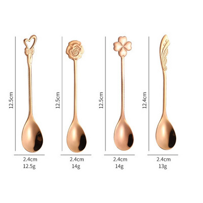 OHFIN 4 buc/set lingură de cafea din oțel inoxidabil lingură de cafea vintage cu trandafiri lingură de zahăr pentru amestecare înghețată iaurt lingură de miere