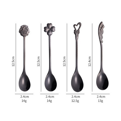 OHFIN 4 buc/set lingură de cafea din oțel inoxidabil lingură de cafea vintage cu trandafiri lingură de zahăr pentru amestecare înghețată iaurt lingură de miere