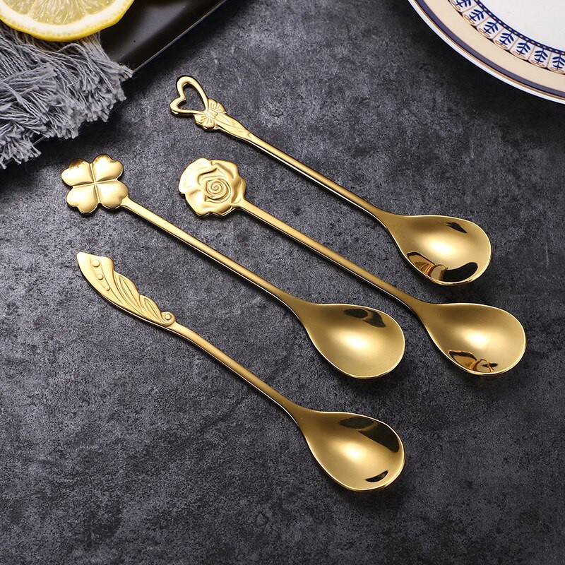 OHFIN 4 buc/set lingură de cafea din oțel inoxidabil lingură de cafea vintage cu trandafiri lingură de zahăr pentru amestecare înghețată iaurt lingură de miere