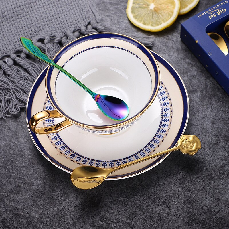 OHFIN 4 buc/set lingură de cafea din oțel inoxidabil lingură de cafea vintage cu trandafiri lingură de zahăr pentru amestecare înghețată iaurt lingură de miere