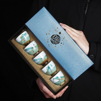 Променлива пещ в китайски стил Комплект чаши за чай с подаръчна кутия, керамичен сервиз за чай Kung Fu, единична чаша, главна чаша, лична чаша за чай