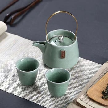 Ретро керамичен чайник Чаен комплект Пуер Чайник и комплект чаши Отопляем чайник Чайници Чайници Китайска чаша Сервизна церемония Глинен кафе бар