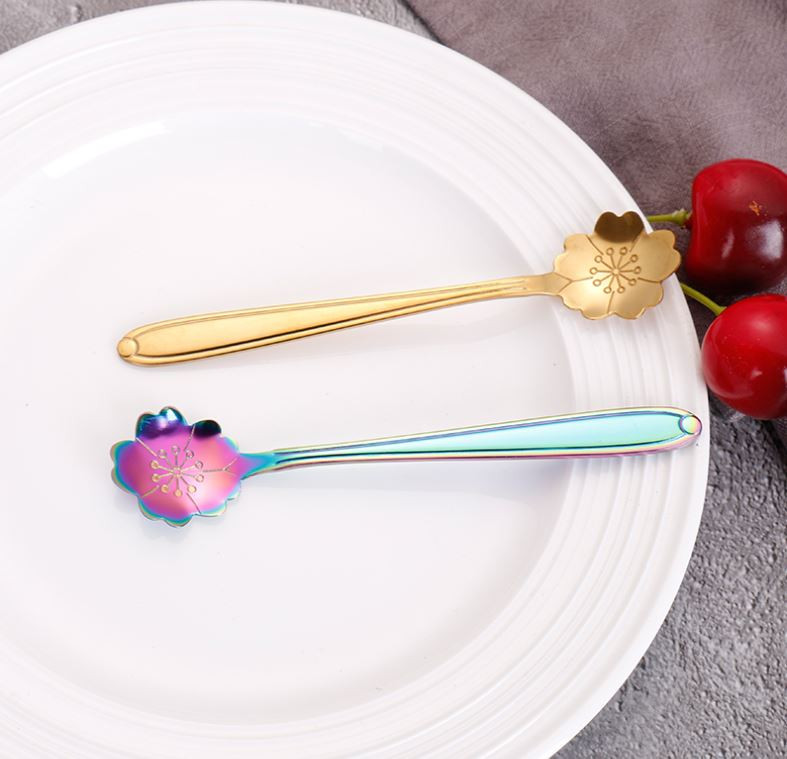 Minunate linguri de gheață cu flori curcubeu din oțel inoxidabil 410, cu oglindă, amestecare, amestecare, băutură, înghețată, desert, lingură de ceai