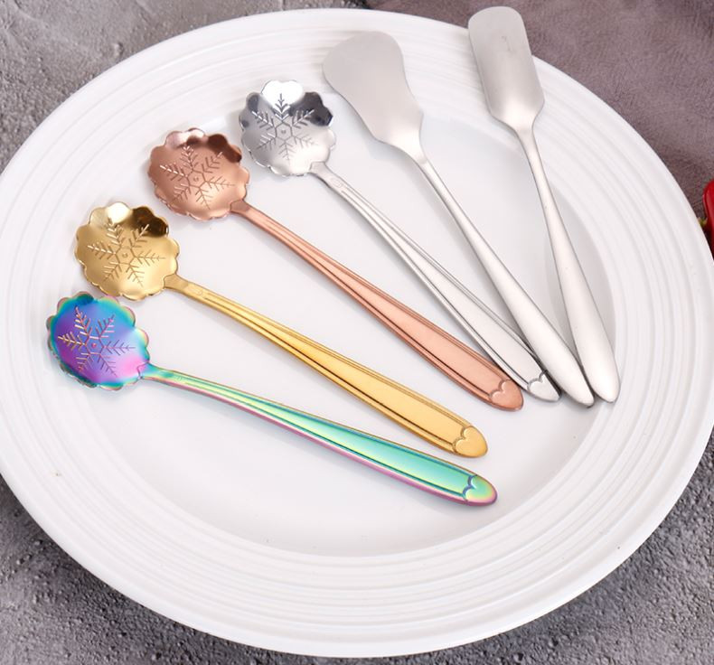 Minunate linguri de gheață cu flori curcubeu din oțel inoxidabil 410, cu oglindă, amestecare, amestecare, băutură, înghețată, desert, lingură de ceai