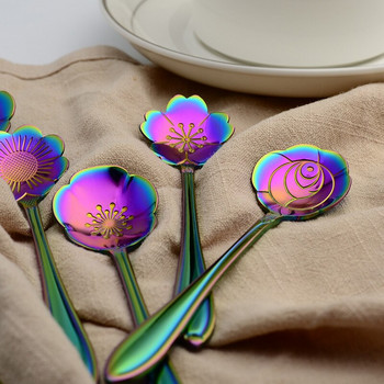 410 Ανοξείδωτο λουλούδι Κουτάλι καφέ Floral Καθρέφτης Γυαλιστικό Rainbow Αναδευτικό Κουτάλι Cafe Ζάχαρη Τσάι ανάμειξης Κουτάλι Εργαλεία κουζίνας