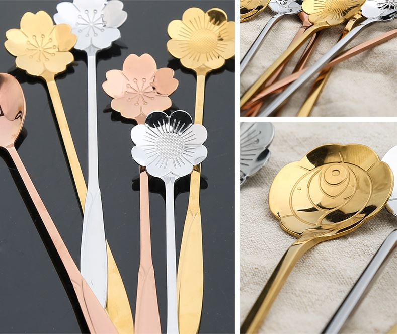 Kiváló minőségű rozsdamentes acél hosszú nyelű virág kávéskanál fagylalt desszert teáskanál konyhai kiegészítőkhöz