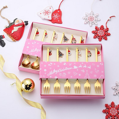 6 τμχ Χονδρικό Χριστουγεννιάτικο σετ κουταλιών και πιρουνιών καφέ Ανακατεύοντας κουτάλι Δημιουργικό επιδόρπιο Τσαγιού κουτάλι φτυάρι Χριστουγεννιάτικο κουτί δώρου