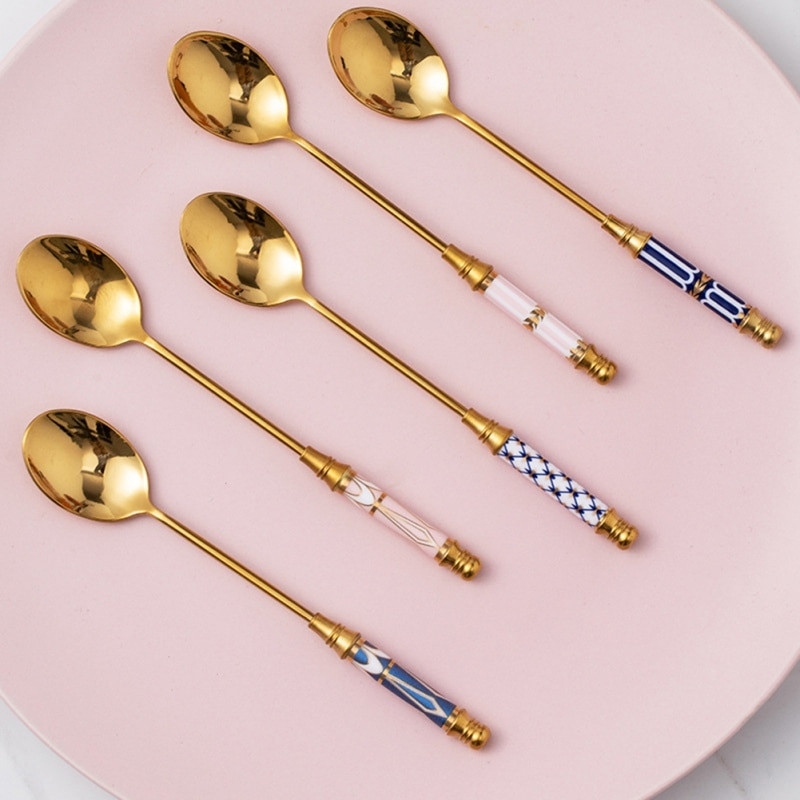 Dezertná kávová lyžička z nehrdzavejúcej ocele 304, zlatá domáca zmrzlina, roztomilá vynikajúca keramická miešacia malá lyžička, kuchynské doplnky