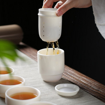 Китайски сервиз за чай Gaiwan Кунг-фу Чаша Бяла керамична бяла посуда с 4 чаши комплект чай преносим комплект за чай за пътуване с пътна чанта