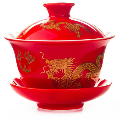 Rankomis dažytas raudonojo drakono Gaiwan arbatos rinkinys arbatos indas, kung Fu arbatos puodelis Rankomis dažytas arbatos dubenėlio arbatos rinkinys Gai Wan dubenėlio porcelianinis puodelis