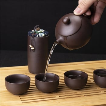 Китайски керамичен сервиз за чай Пътуващ сервиз за чай Преносим лилав глинен комплект чайници с чаена чаша 4 чаши Чаши Чанта за съхранение Комплект чайни прибори