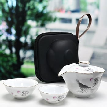 Сервизи за чай бели керамични чайници gaiwan чаши за чай китайски прибори за чай преносим сервиз за пътен чай с пътна чанта подарък пуер съдове за пиене