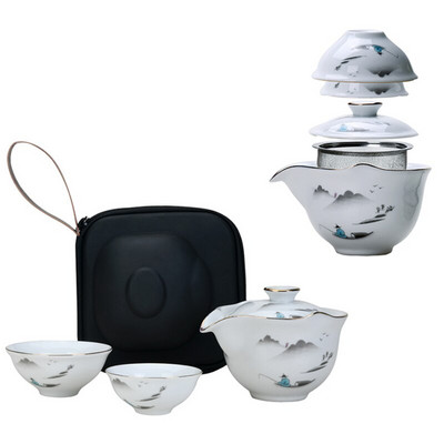 Seturi de ceai ceainice din ceramică albă cești de ceai gaiwan veselă de ceai chinezească set de ceai de călătorie portabil cu geantă de călătorie cadou puer