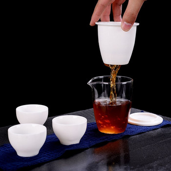 Чаен комплект бяла тенджера Три чаши керамични чайници чайник gaiwan чаши за чай китайски прибори за чай преносим пътен сервиз за чай с пътна чанта