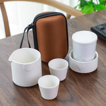 Комплект чайник Керамичен сервиз за чай Порцеланова чаша с двойна стена Творчески чайник Kung Fu Tea Преносим комплект за чай за пътуване с пътна чанта C25