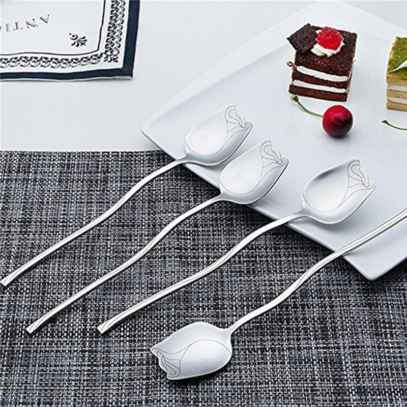 4 buc/set linguri de cafea din oțel inoxidabil cu mâner lung lingură de înghețată pentru desert cu model de flori lingură de amestecare a zahărului de cafea de bucătărie