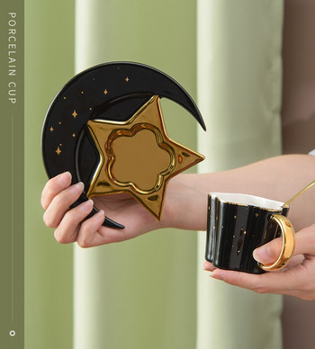 Δημιουργικό Κεραμικό Star Moon Φλιτζάνι καφέ και πιατάκι με κουτάλι Χρυσή λαβή Κούπα Απογευματινό φλιτζάνι τσαγιού Juice Water Drinks Φλιτζάνι πορσελάνη