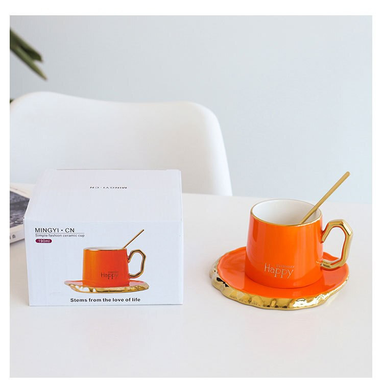 Луксозна чаша за кафе и чинийка с дръжка Glod и комплект лъжици за кафе Керамична чаша Чаша за следобеден чай Подарък 180 ml