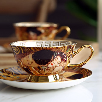 Комплект чаши за кафе Густав Климт Боне Китай Керамичен сервиз чай Klimt Kiss Луксозни подаръци Порцеланови прибори Чаши за чай с лъжица