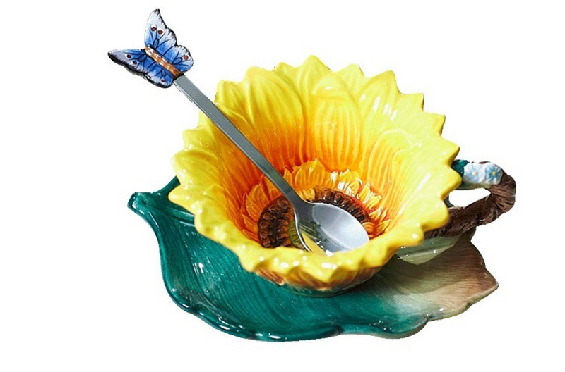 150 ml Creative Suncokret Emajl Porculan Keramičke taza šalice Set Šalica Original Home Decor Porculanska leptir Žlica Šalice za kavu