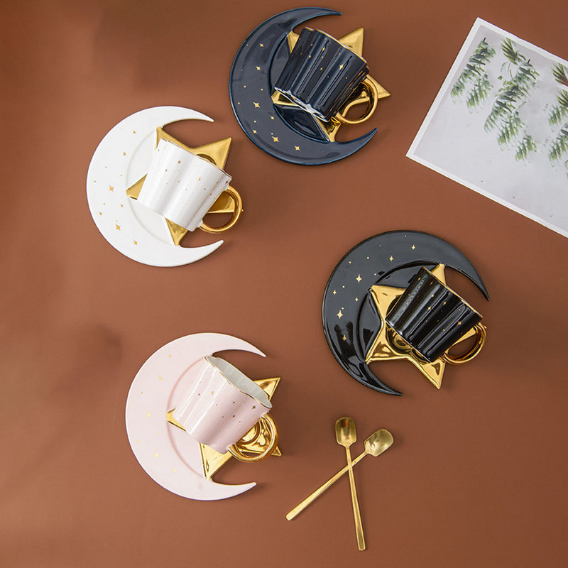 Творческа керамична звездна лунна чаша за кафе и чинийка с лъжица, златна дръжка, чаша, чаша за следобеден чай, сок, вода, чаша за напитки, порцеланова чаша