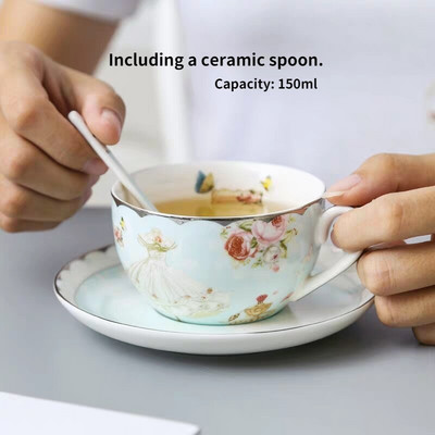 Романтична Европа Чаша за кафе Комплект чинийки Творческа керамична чаша Разширено Свети Валентин Цвете Чаша за чай Подарък Порцеланова посуда