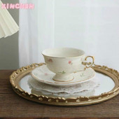 Ceașă de cafea coreeană, retro, crem, galben, pastoral, tracery floral, aur, ceramică, engleză, după-amiază, desert, ceașcă și farfurie cu flori