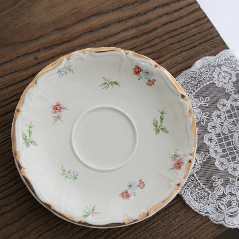 Ceașă de cafea coreeană, retro, crem, galben, pastoral, tracery floral, aur, ceramică, engleză, după-amiază, desert, ceașcă și farfurie cu flori