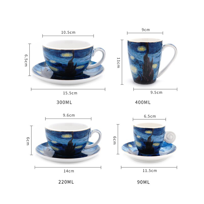 90/220/300/400 ML Latte Cappuccino Espresso Чаши Чаши за кафе Комплект с лъжица чинийка Чаша за мляко Чаша Ван Гог Чаши в стил маслена живопис